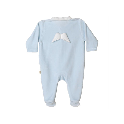 Baby Gi blue cotton velour babygrow with white piqué Peter Pan collar, concealed press stud fastening and angel wings detail on the back, made in Portugal - rear view.
