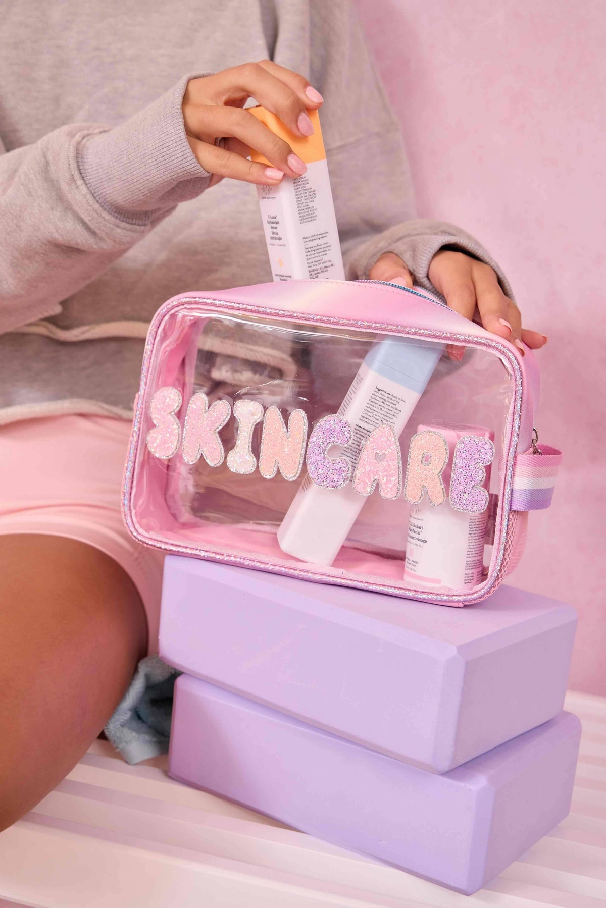 OMG Accessories Skincare clear pouch with pastel lettering