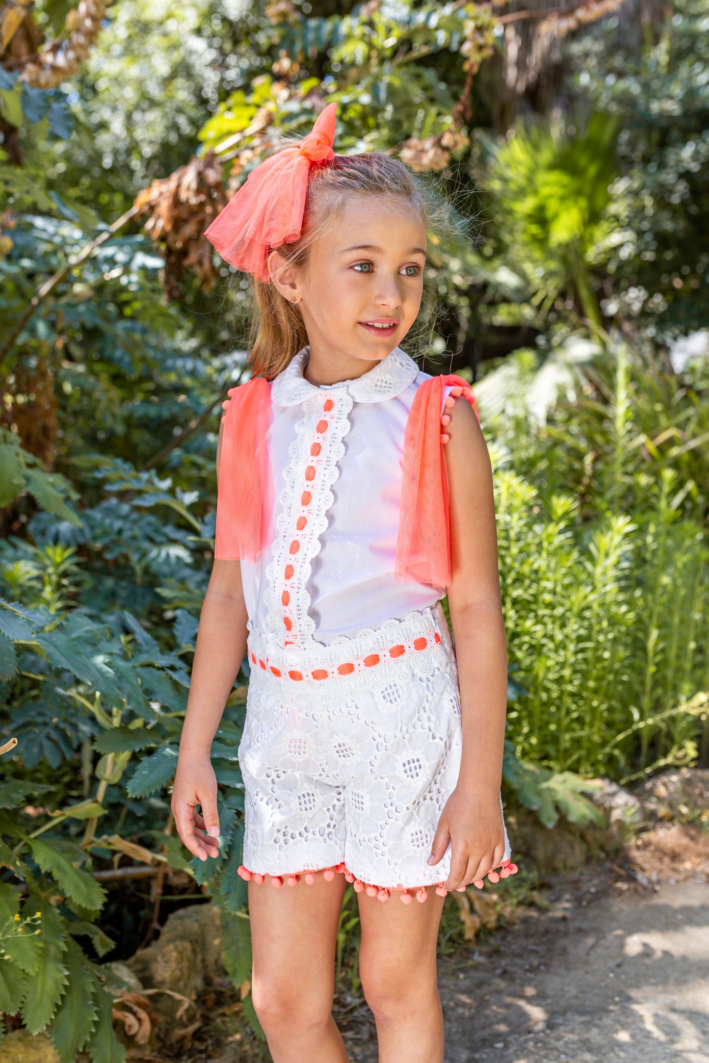 NAXOS SS25 Neon Girls White & Orange Tulle Short Set - 7560