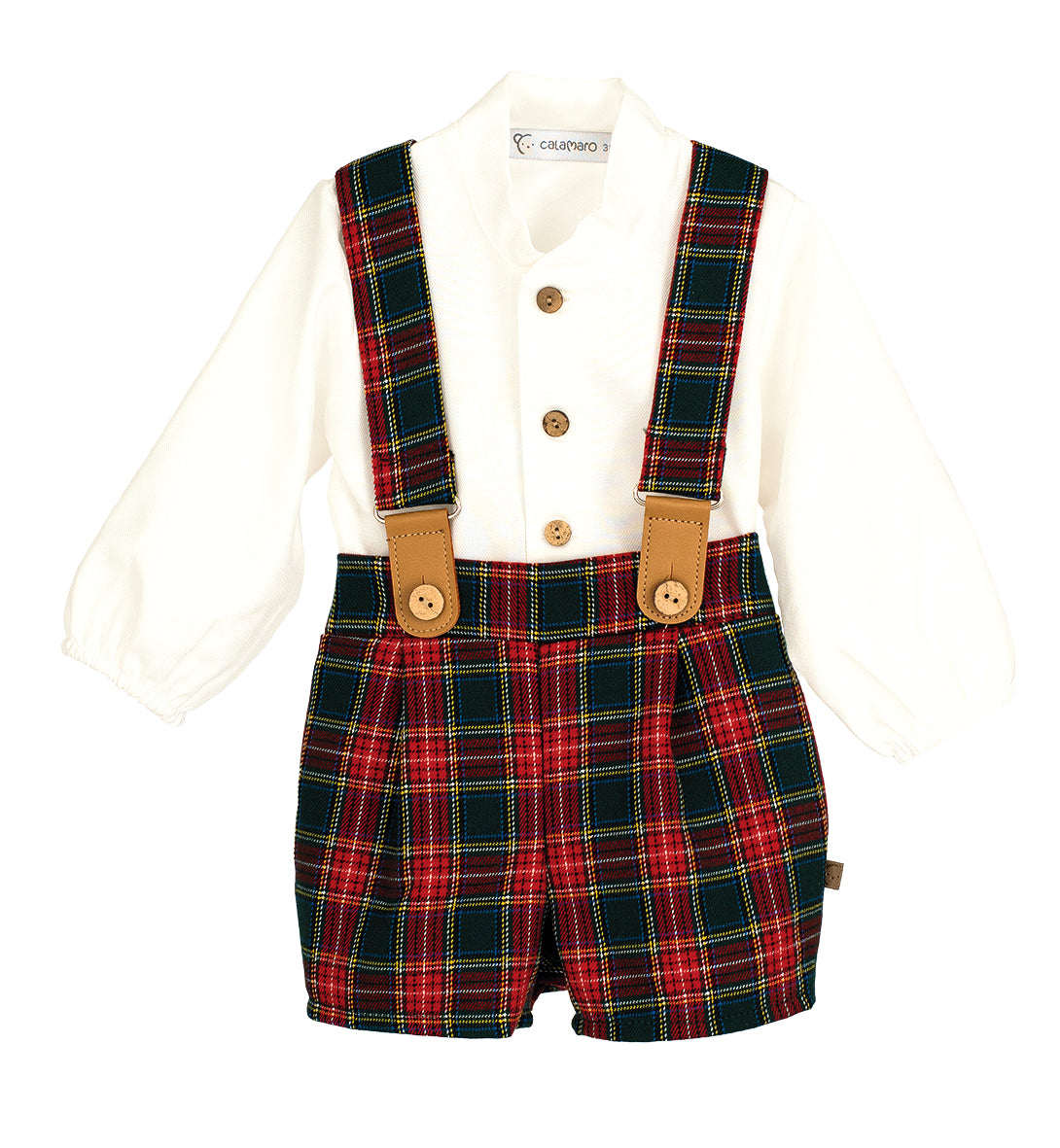 Calamaro Galerna boys cream shirt and red and green tartan shorts with matching braces