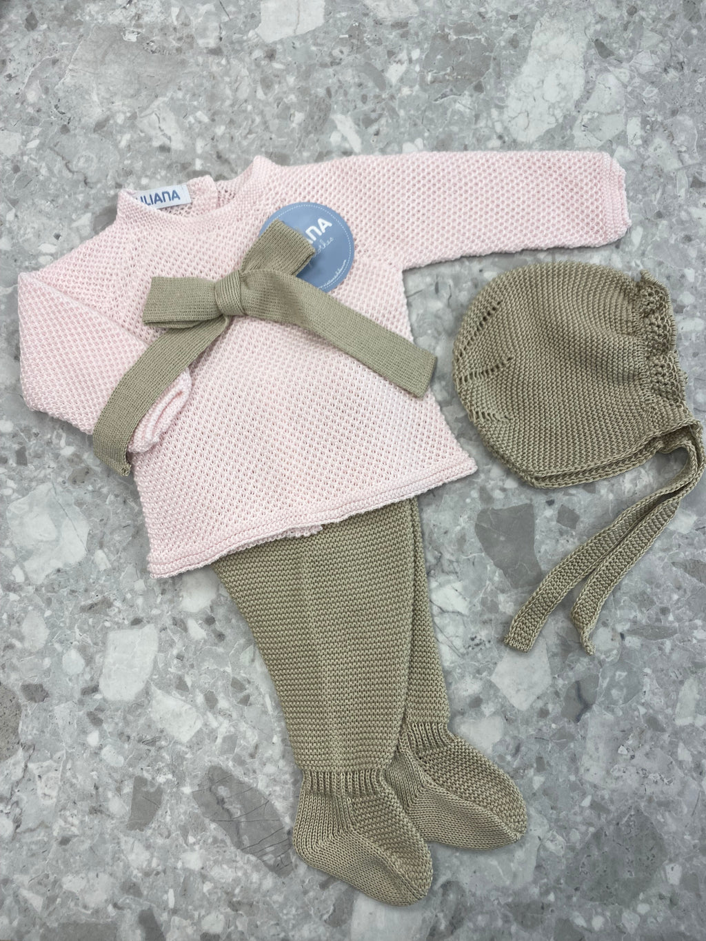 JULIANA Azahar Girls Pink & Beige Bow Knitted Set with Bonnet - 26035