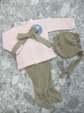 JULIANA Azahar Girls Pink & Beige Bow Knitted Set with Bonnet - 26035