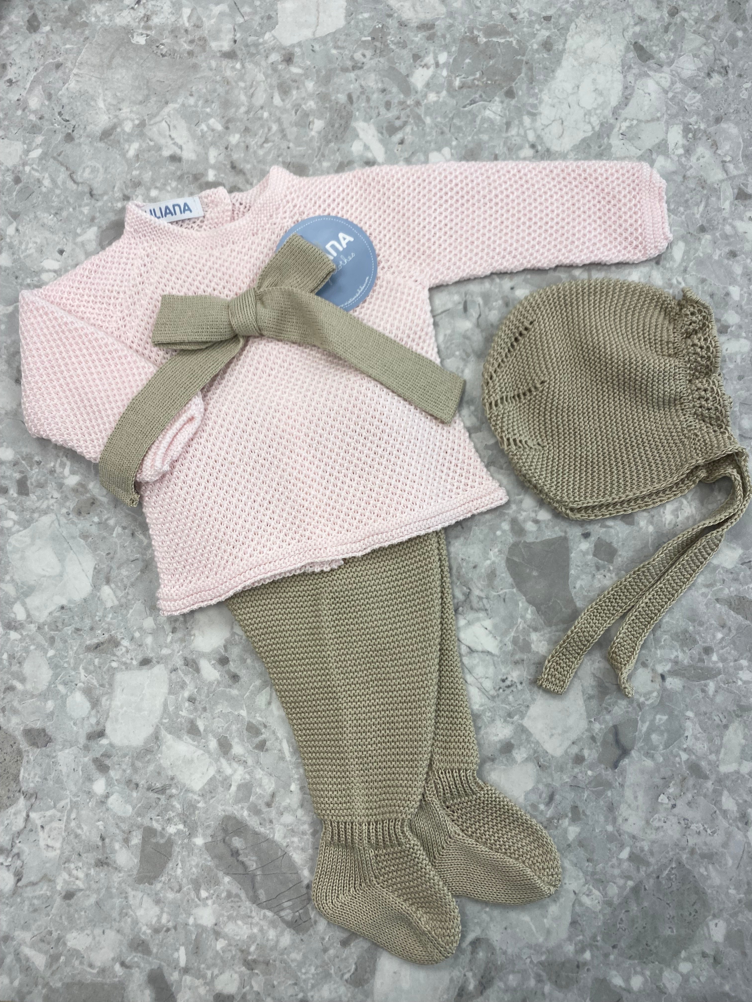 JULIANA Azahar Girls Pink & Beige Bow Knitted Set with Bonnet - 26035