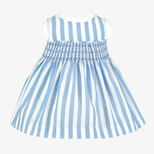 Miranda Blue & White Stripe Girls Dress with smocked bodice and blue and white stripes