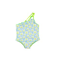 Miranda Anchor girls blue and green one-shoulder swimsuit with green anchor print and polka dots