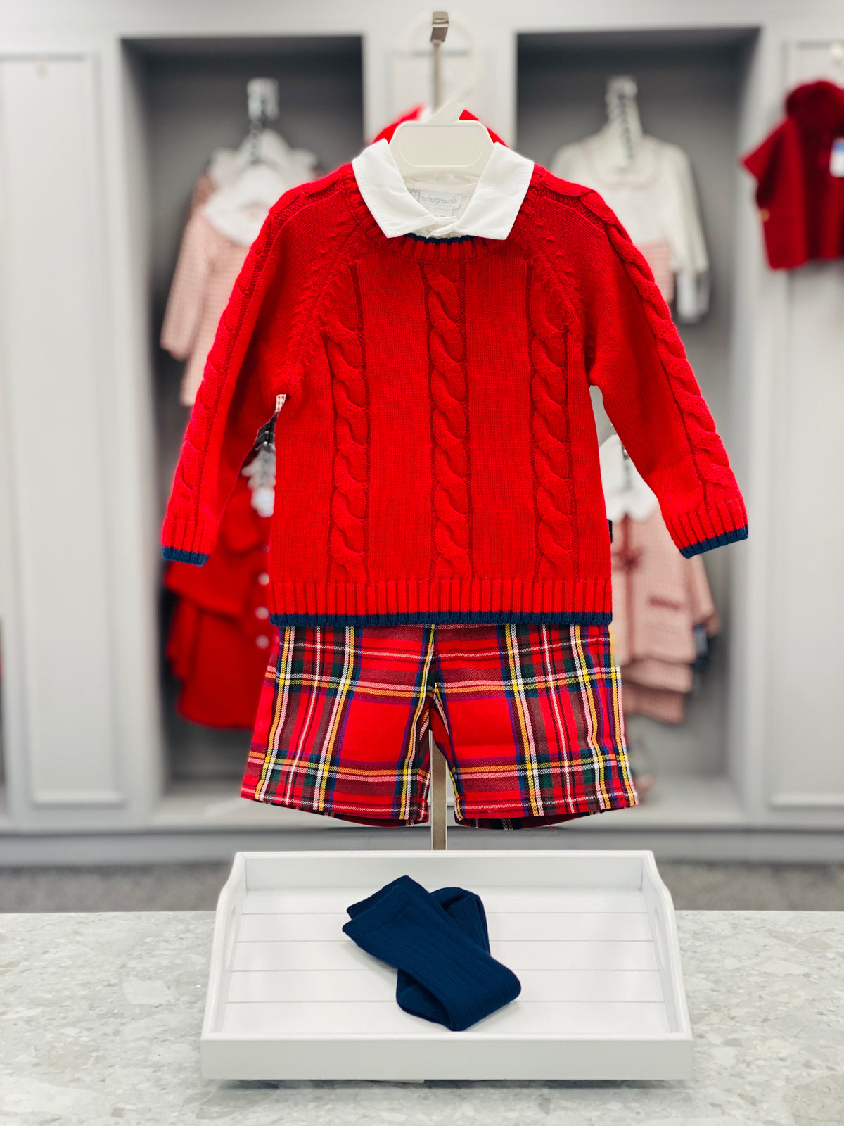 Tutto Piccolo Boys Red Tartan Short Set with Red Cable Knit Jumper - full outfit.