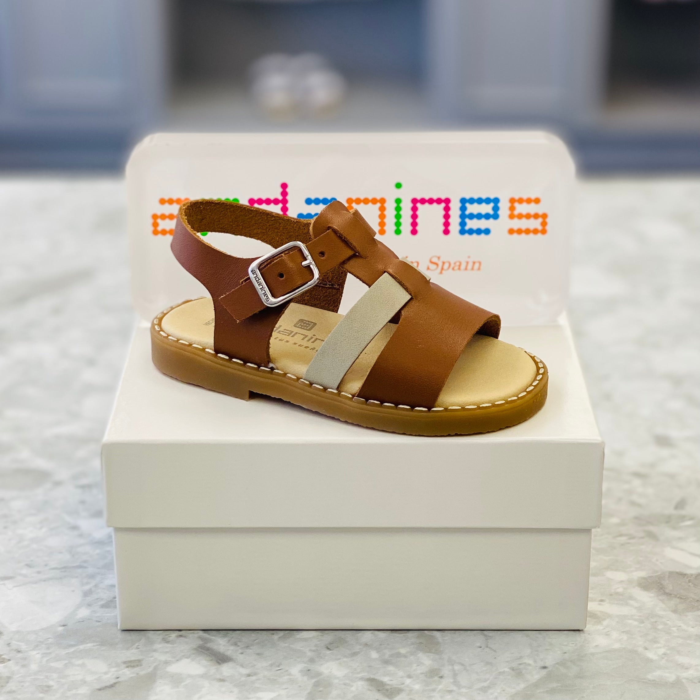 ANDANINES Tan & Beige Boys Leather Sandals - 211137