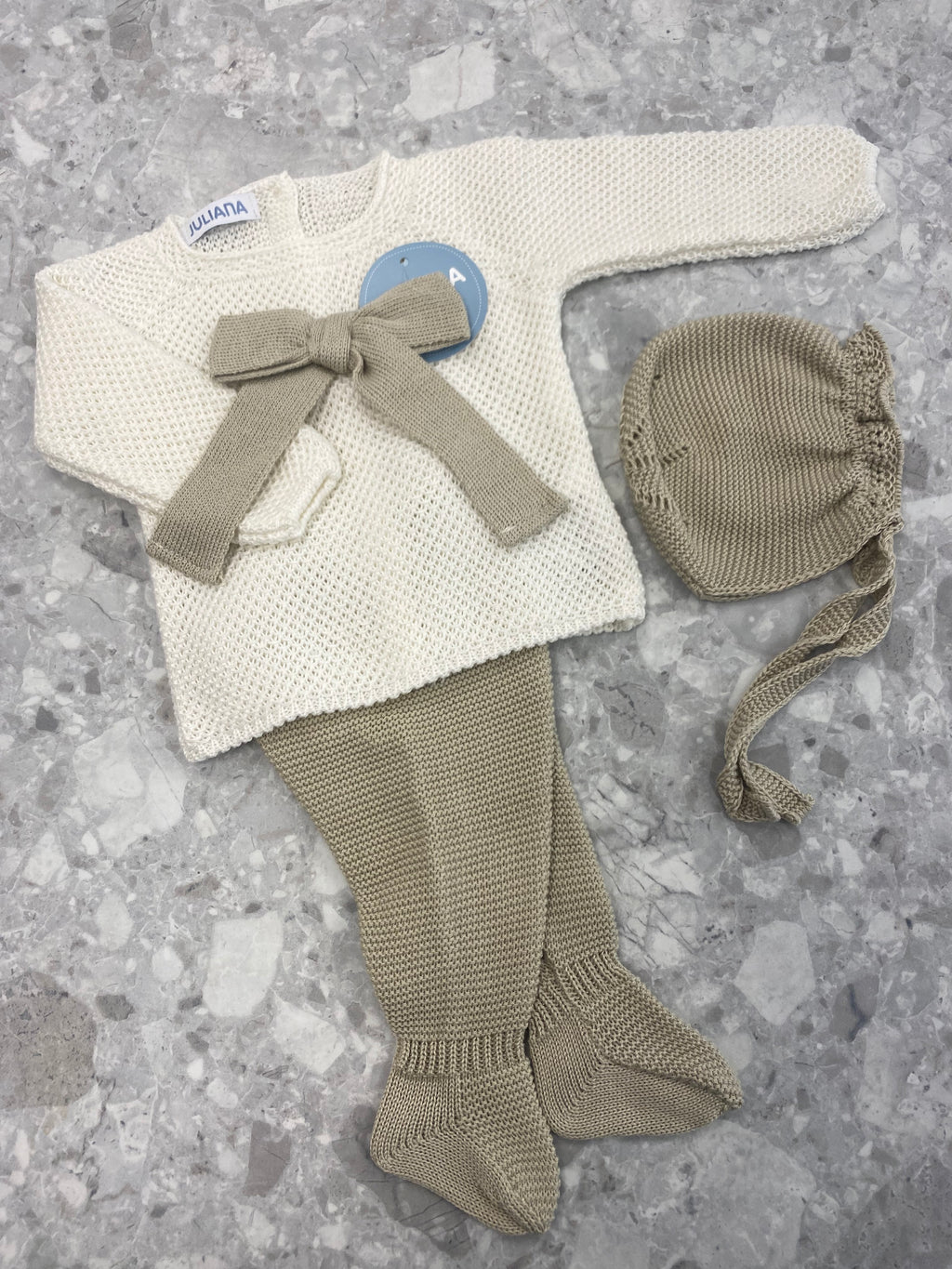 JULIANA Azahar Girls Cream & Beige Bow Knitted Set with Bonnet - 26035