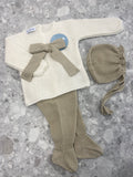 JULIANA Azahar Girls Cream & Beige Bow Knitted Set with Bonnet - 26035