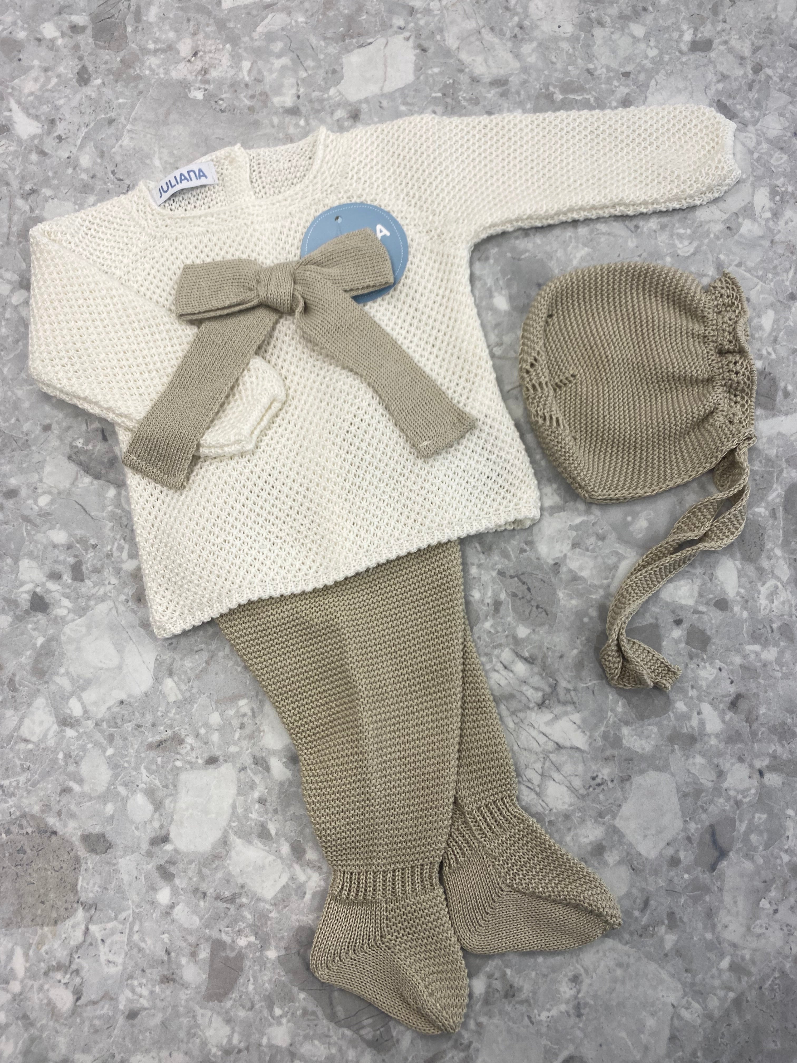 JULIANA Azahar Girls Cream & Beige Bow Knitted Set with Bonnet - 26035