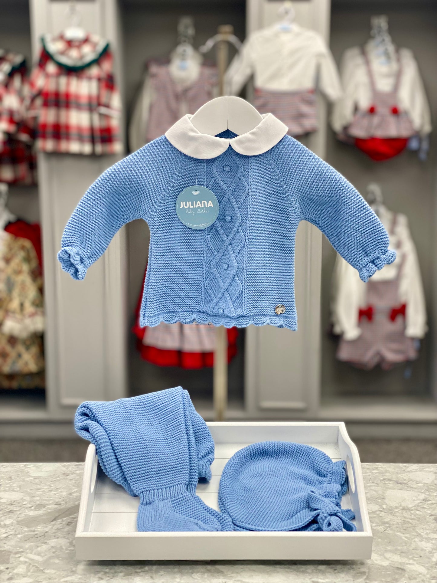 JULIANA LAYETTE Aran Dusty Blue Baby Boys Three Piece Knitted Set - NON RETURNABLE