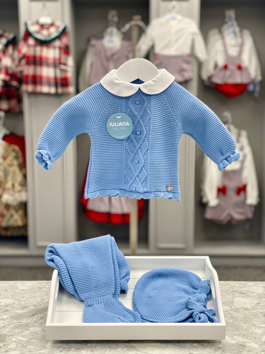 JULIANA LAYETTE Aran Dusty Blue Baby Boys Three Piece Knitted Set - NON RETURNABLE