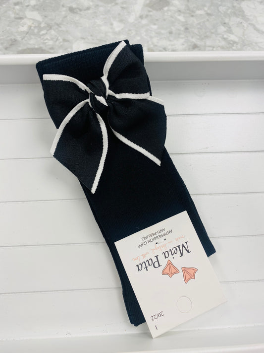 Meia Pata contrast bow black girls knee high socks with white edging
