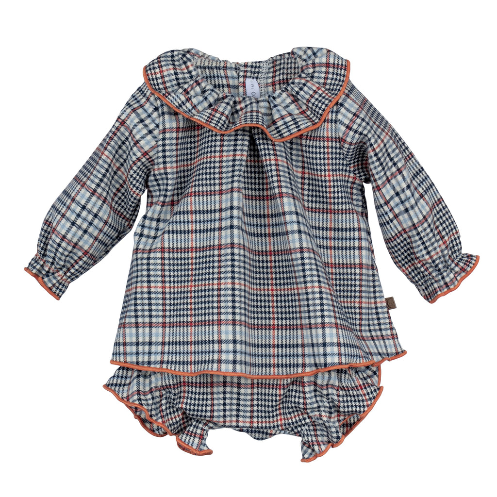 Calamaro Tietar navy blue and rust check baby dress with matching knickers