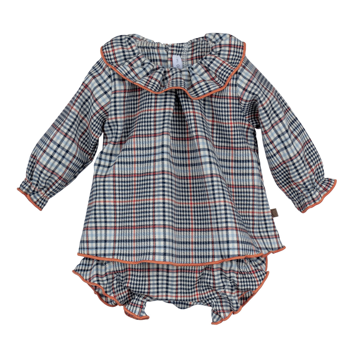 Calamaro Tietar navy blue and rust check baby dress with matching knickers
