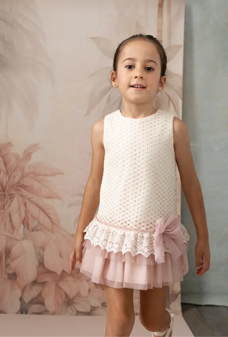 Basmarti Ceremonia Girls Cream & Pink Tulle Drop Waist Dress - 26032