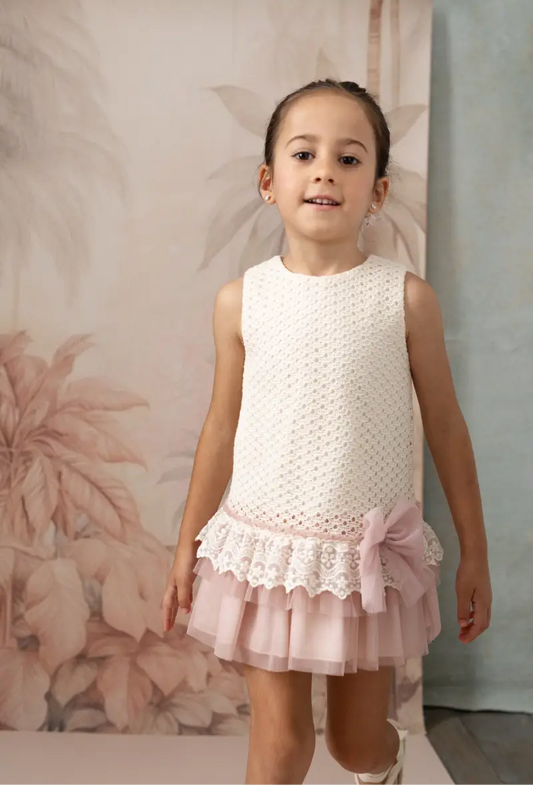 Basmarti Ceremonia Girls Cream & Pink Tulle Drop Waist Dress - 26032