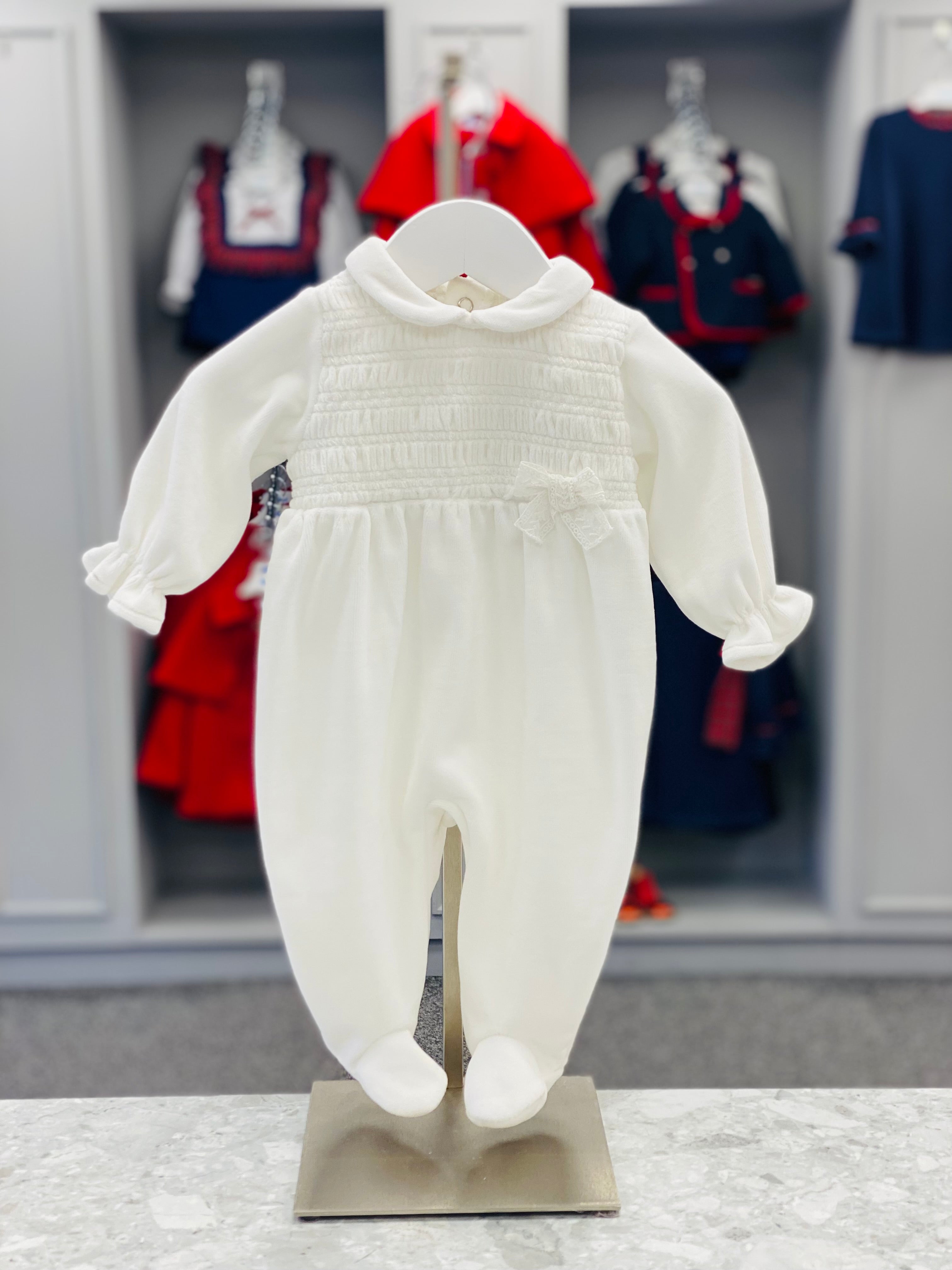 AW25 DEOLINDA Dream Girls Ivory Velour Smocked Babygrow - 25104