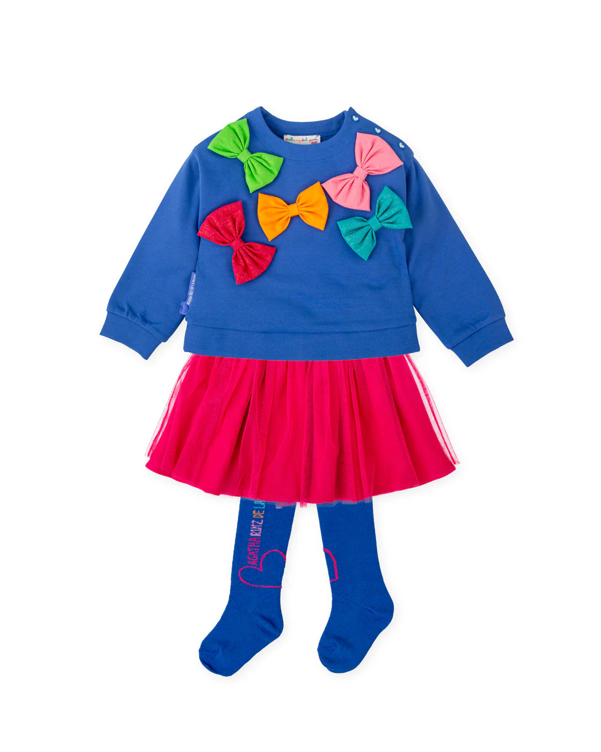 Agatha Ruiz de la Prada electric-blue bow top, fuchsia skirt and tights set