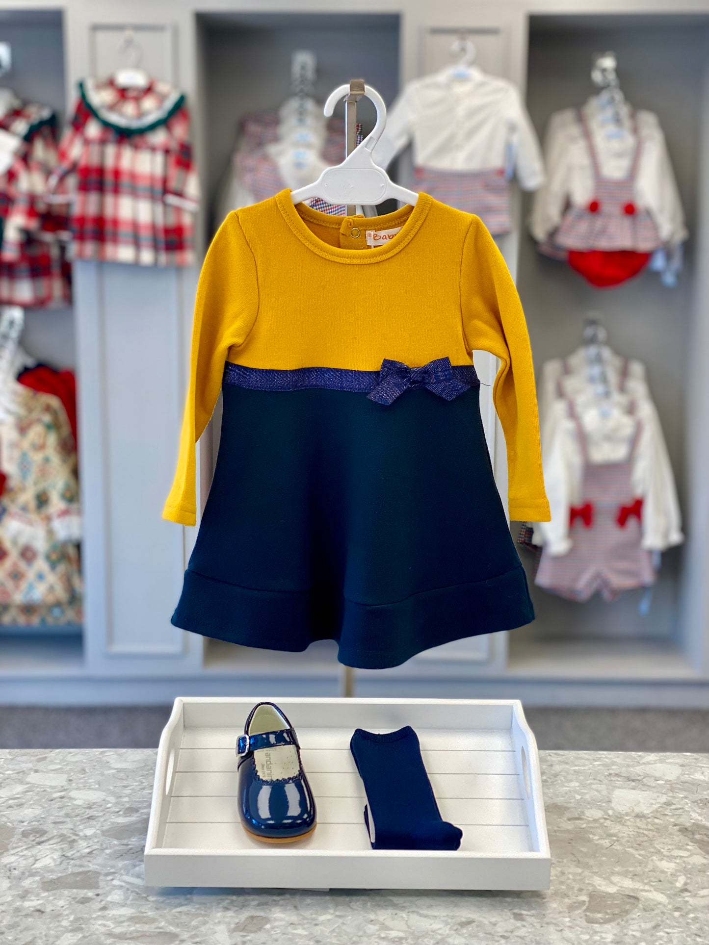 BABYBOL Baby Girls Mustard & Navy Colour Block Dress - NON RETURNABLE