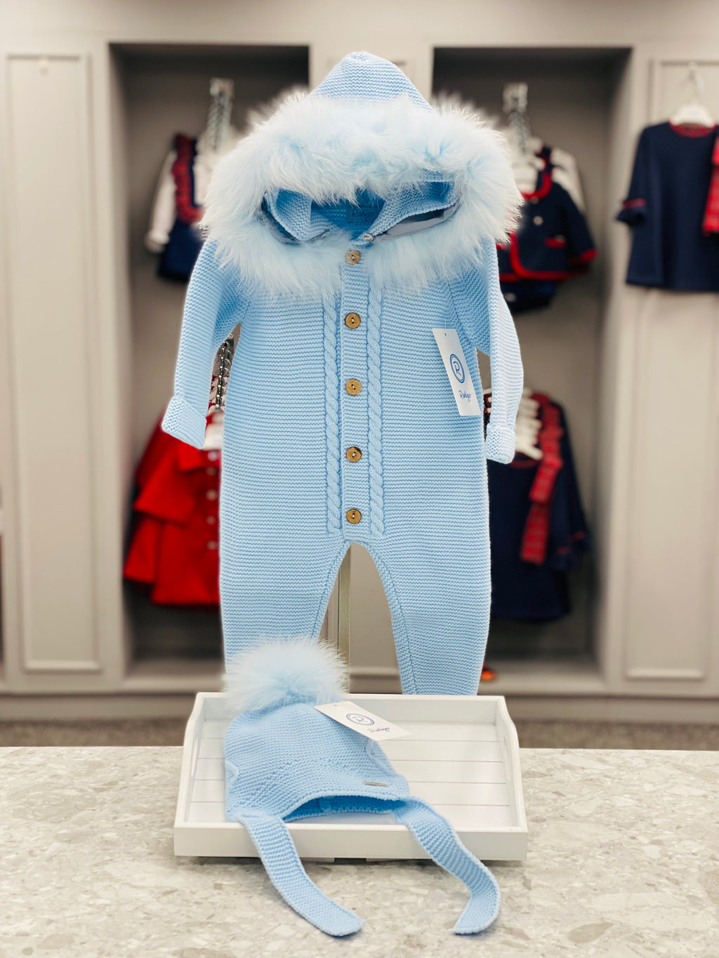 AW25 RAHIGO Baby Blue Knitted Snowsuit with Fur Hood - 252135