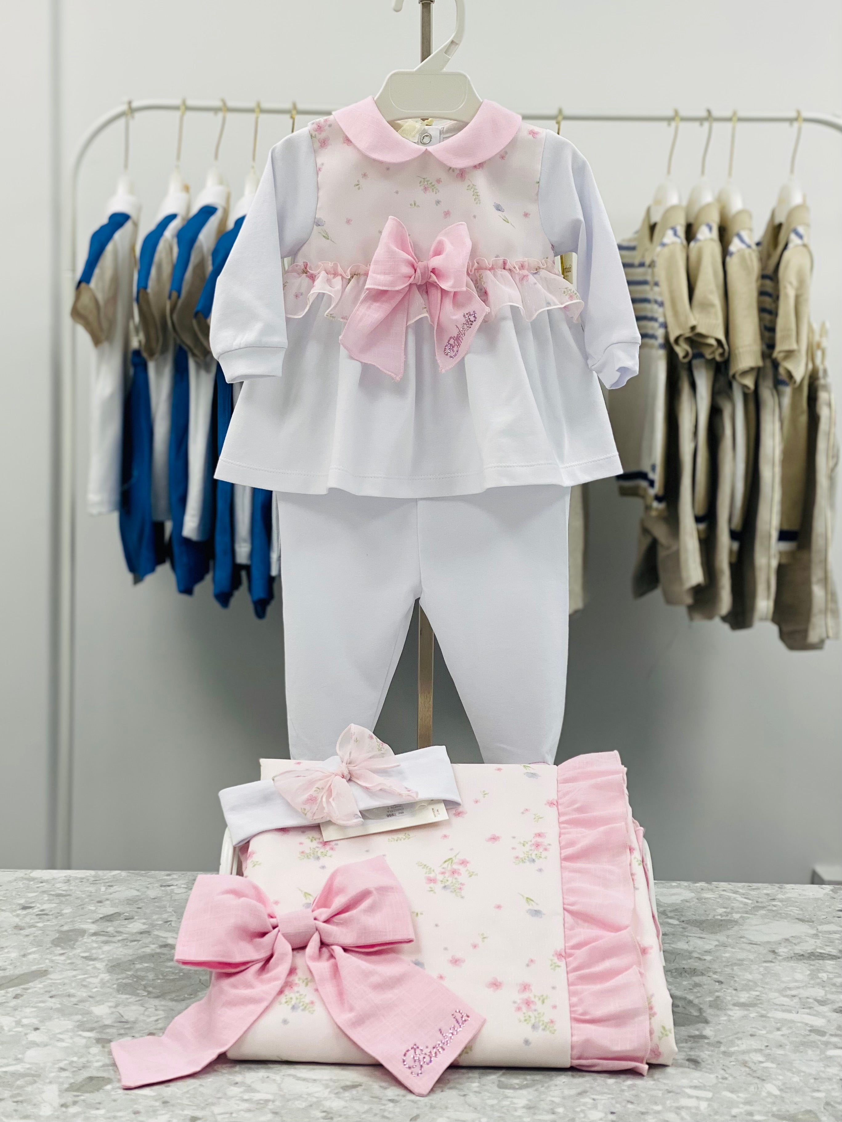 BIMBALO Girls Pink Floral Trouser Set with Blanket & Headband