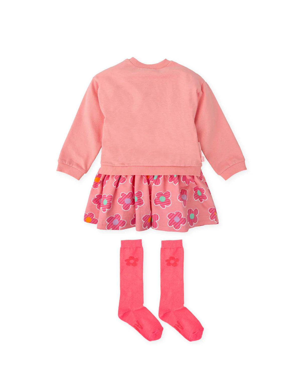 Pink sweatshirt dress with colourful flowers and knee-high socks