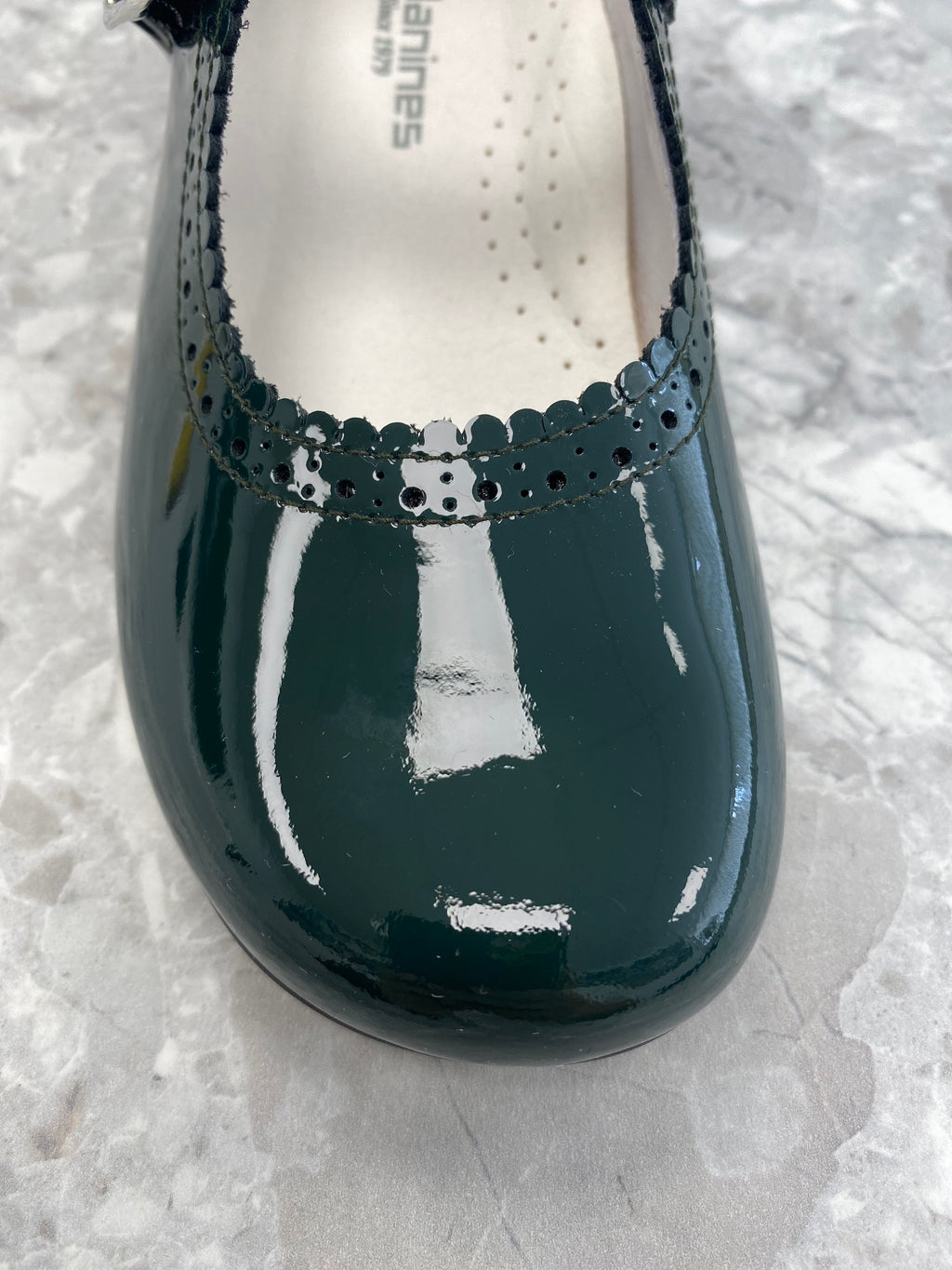 Andanines bottle green patent leather girls Mary Jane shoes with adjustable buckle fastening, handcrafted in Spain 2