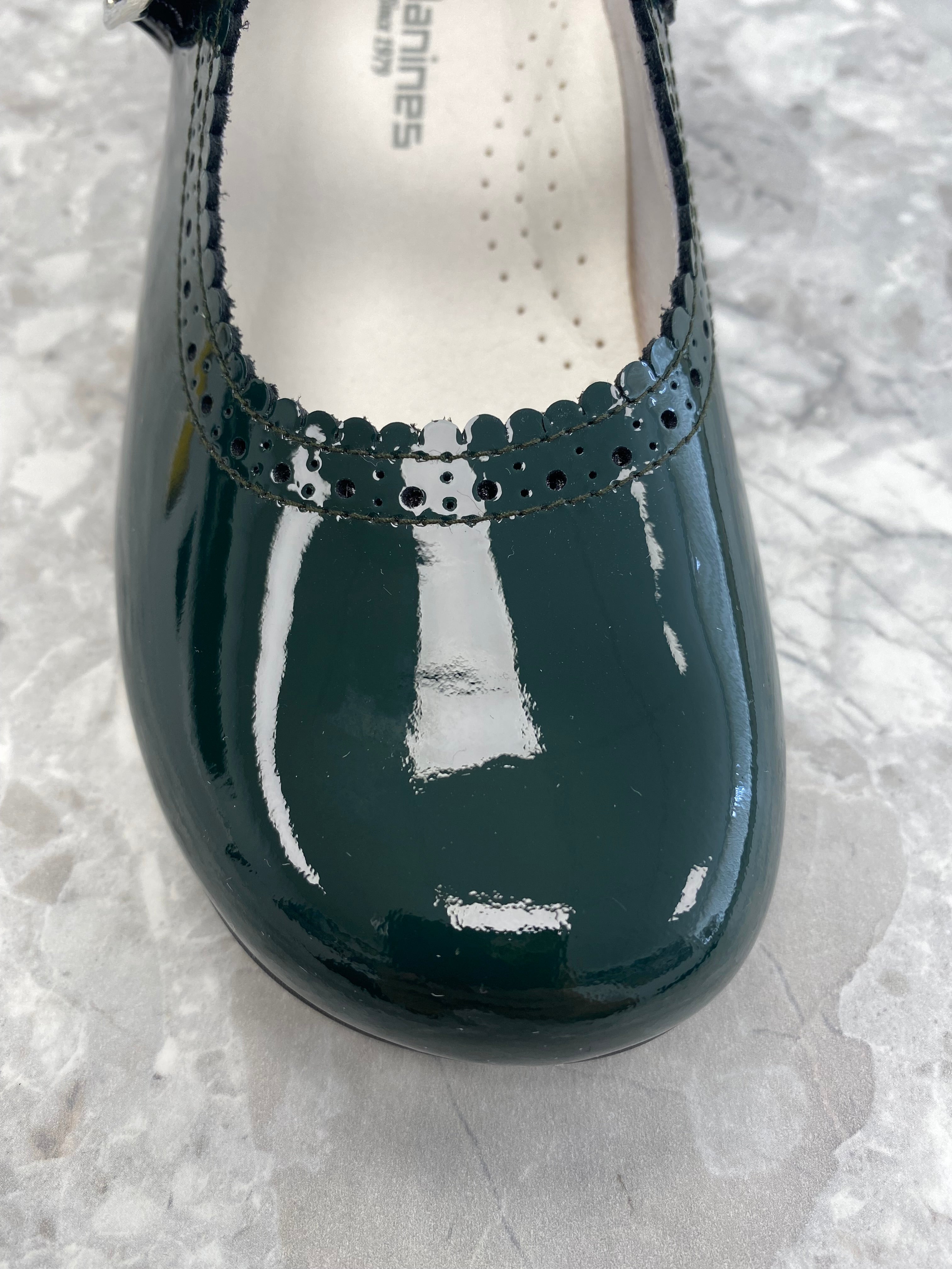 Andanines bottle green patent leather girls Mary Jane shoes with adjustable buckle fastening, handcrafted in Spain 2