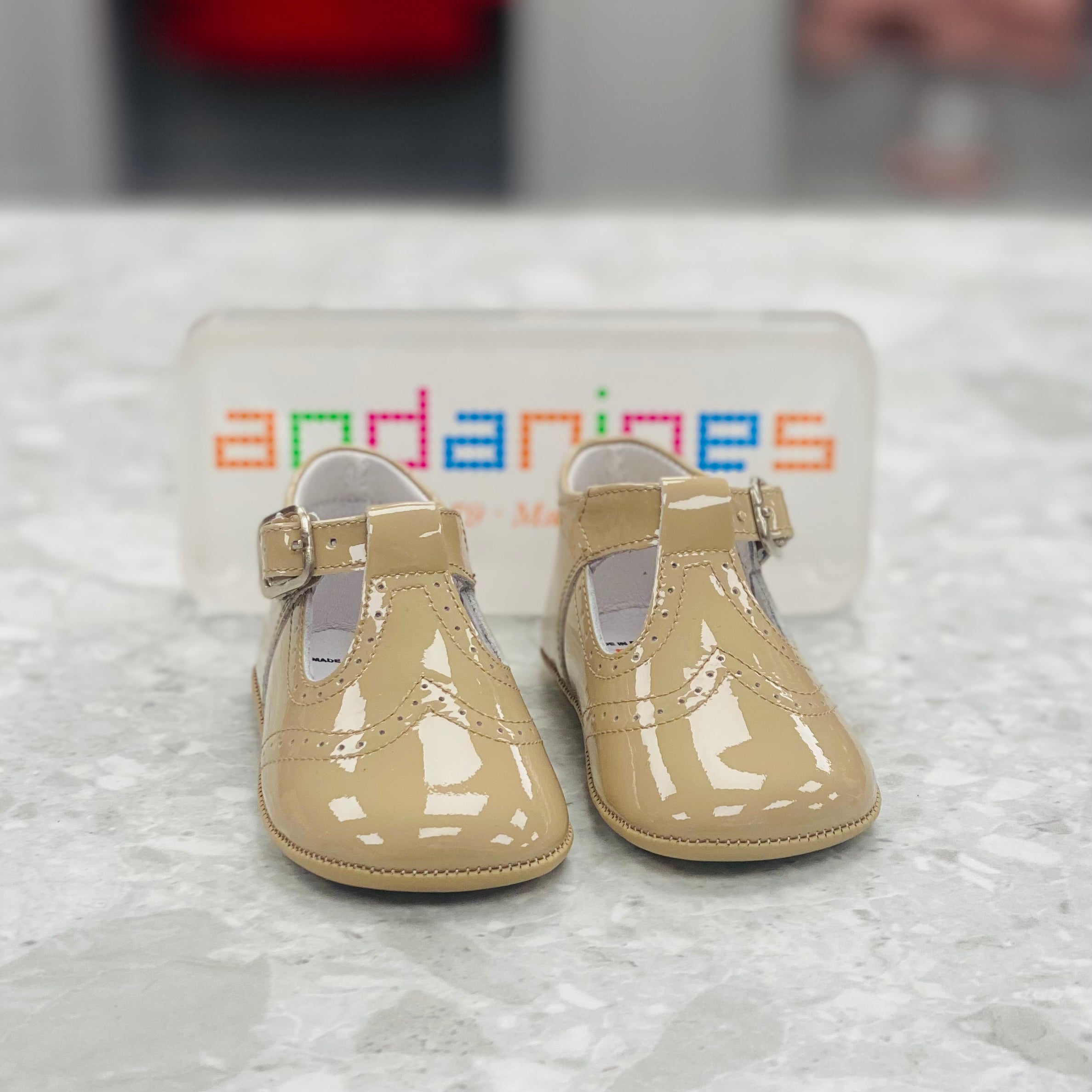 ANDANINES Camel Boys Patent Leather T-Bar Pram Shoes - 241030