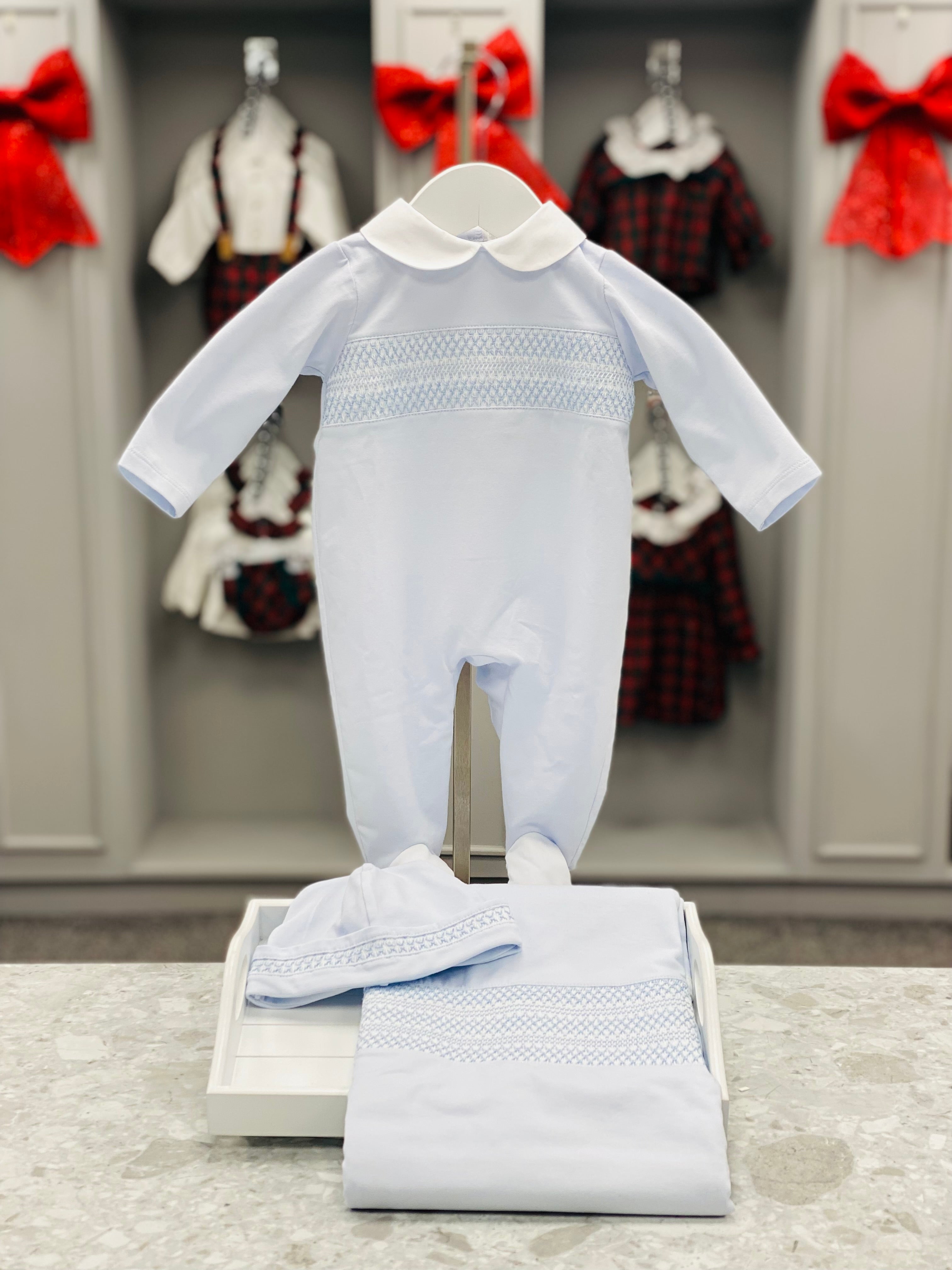 DEOLINDA Take Me Home Boys Blue Cotton Smocked Three Piece Set