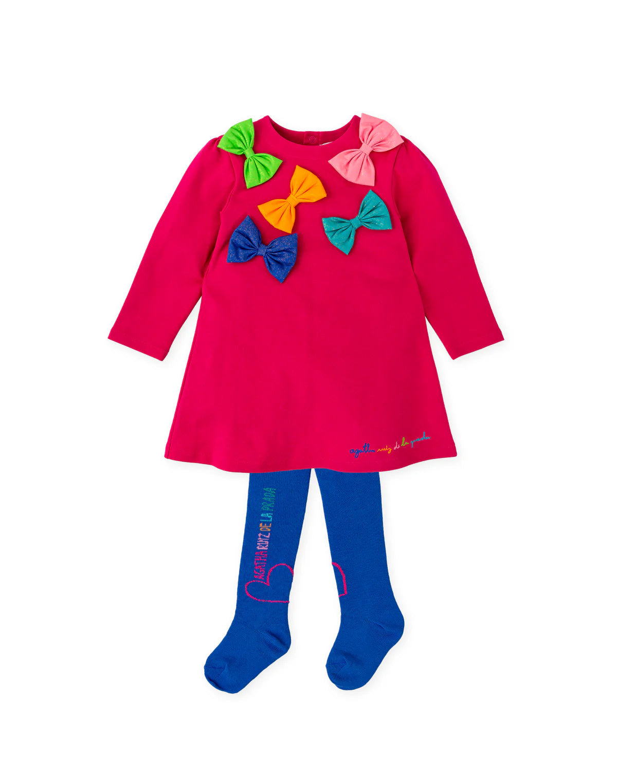 Agatha Ruiz de la Prada fuchsia bow dress and royal-blue tights set