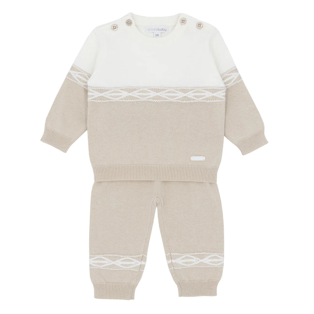 Blues Baby Bruges boys cream and beige two piece knitted jumper and trouser set
