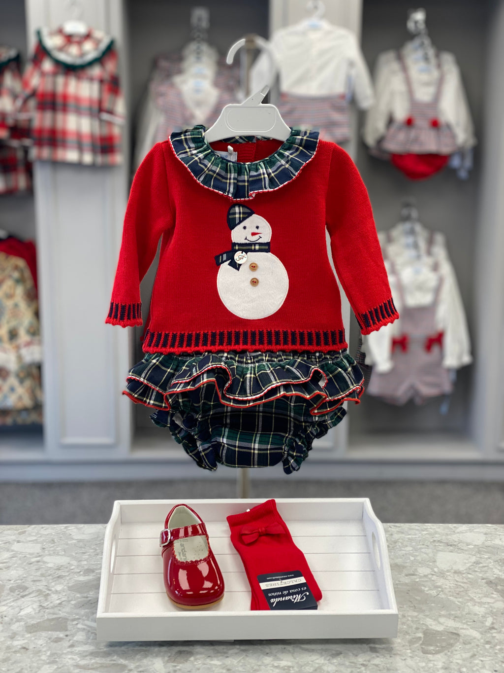 FOQUE Navy Tartan Baby Girls Snowman Jam Pant Set - CLEARANCE SALE