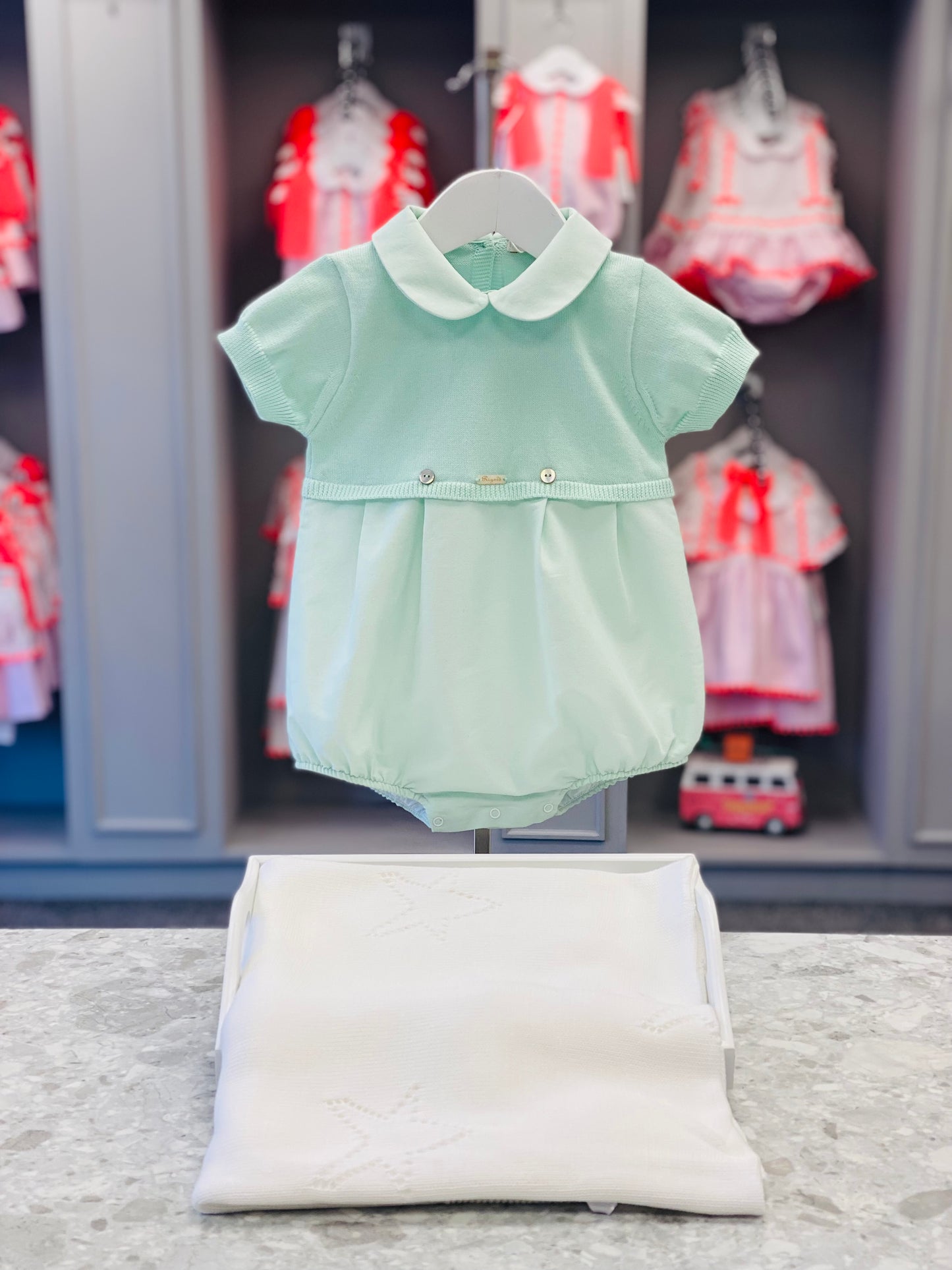 RIGOLA SS25 Boys Mint Green Cotton & Linen Romper