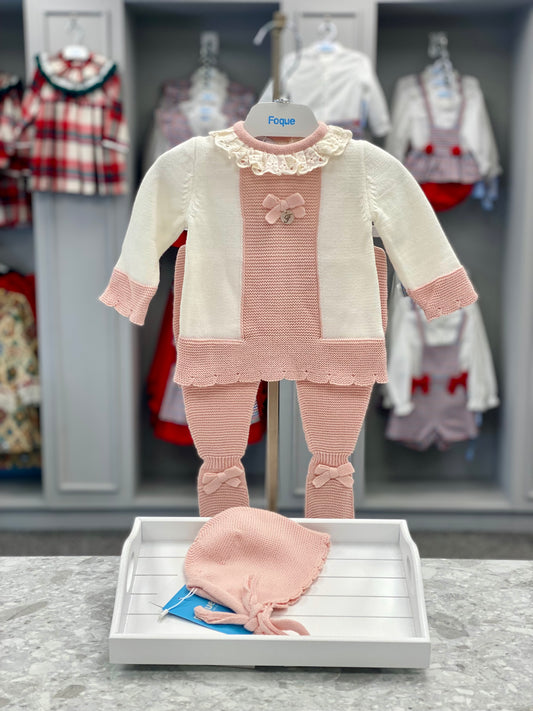 FOQUE Blush Pink & Cream Baby Girls Three Piece Knitted Set - NON RETURNABLE