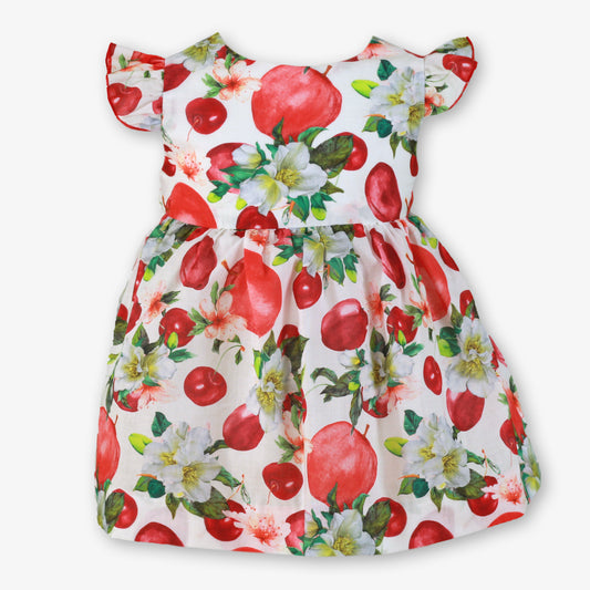 Miranda Red Fruit Print girls dress with apple and cherry print front view