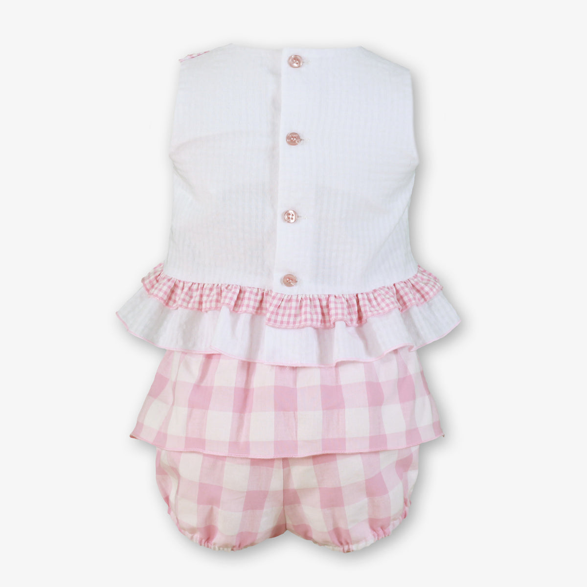 Rear view of Miranda Pink Gingham Girls Shorts Set featuring a white frill top with pink gingham trim and matching pink gingham bloomers.
