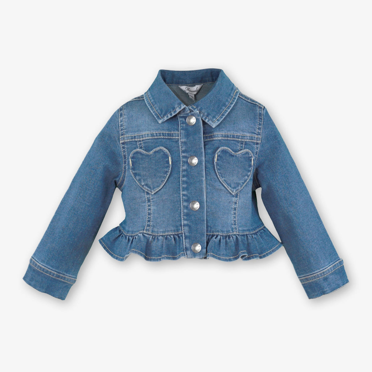 Miranda Corazon Baby Girls Denim Jacket in soft blue denim featuring heart-shaped front pockets and a peplum frill hem.
