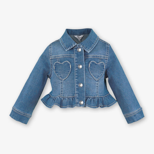 Miranda Corazon Baby Girls Denim Jacket in soft blue denim featuring heart-shaped front pockets and a peplum frill hem.