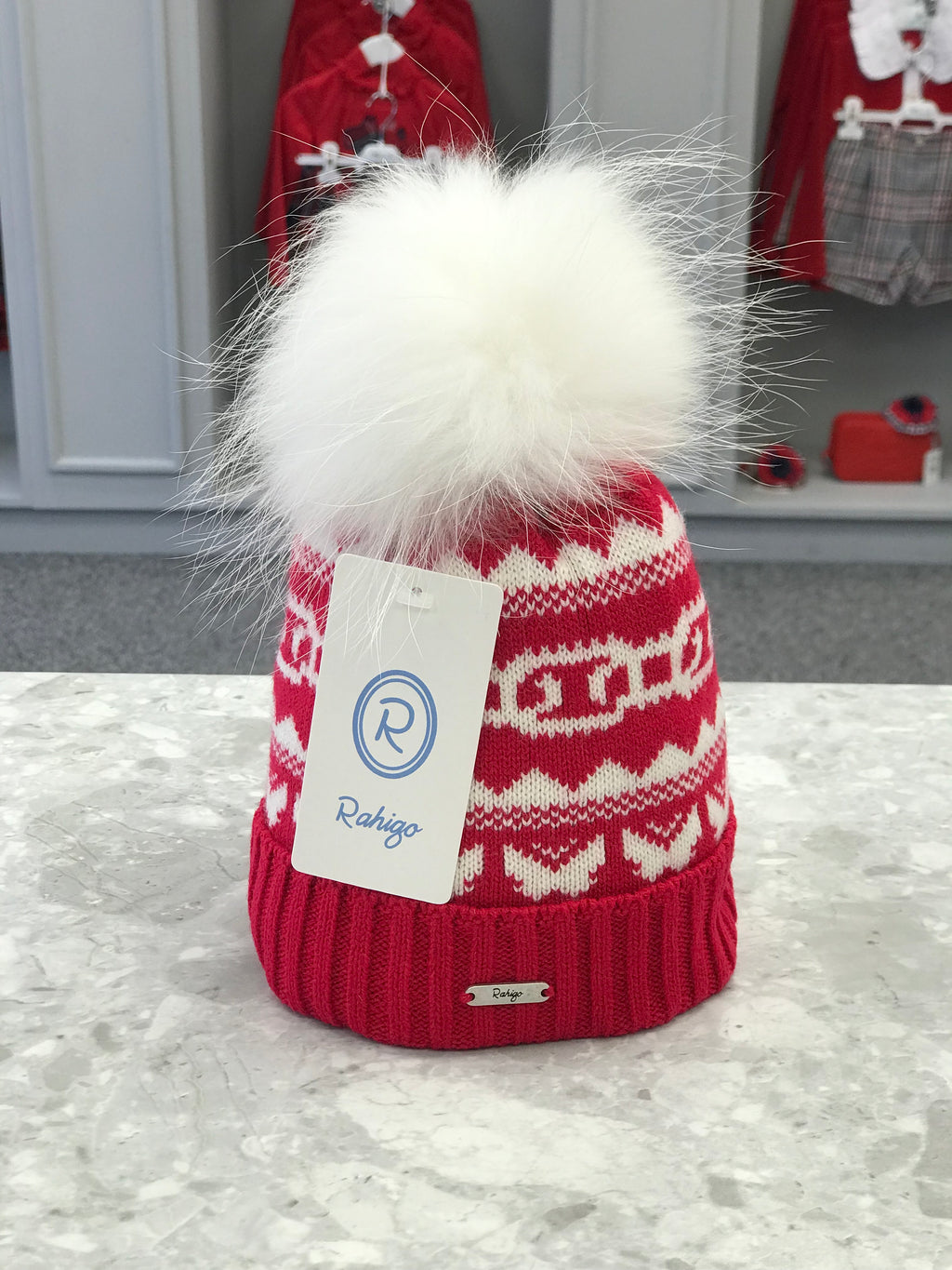 RAHIGO Red & Cream Pom Pom Hat - 232103