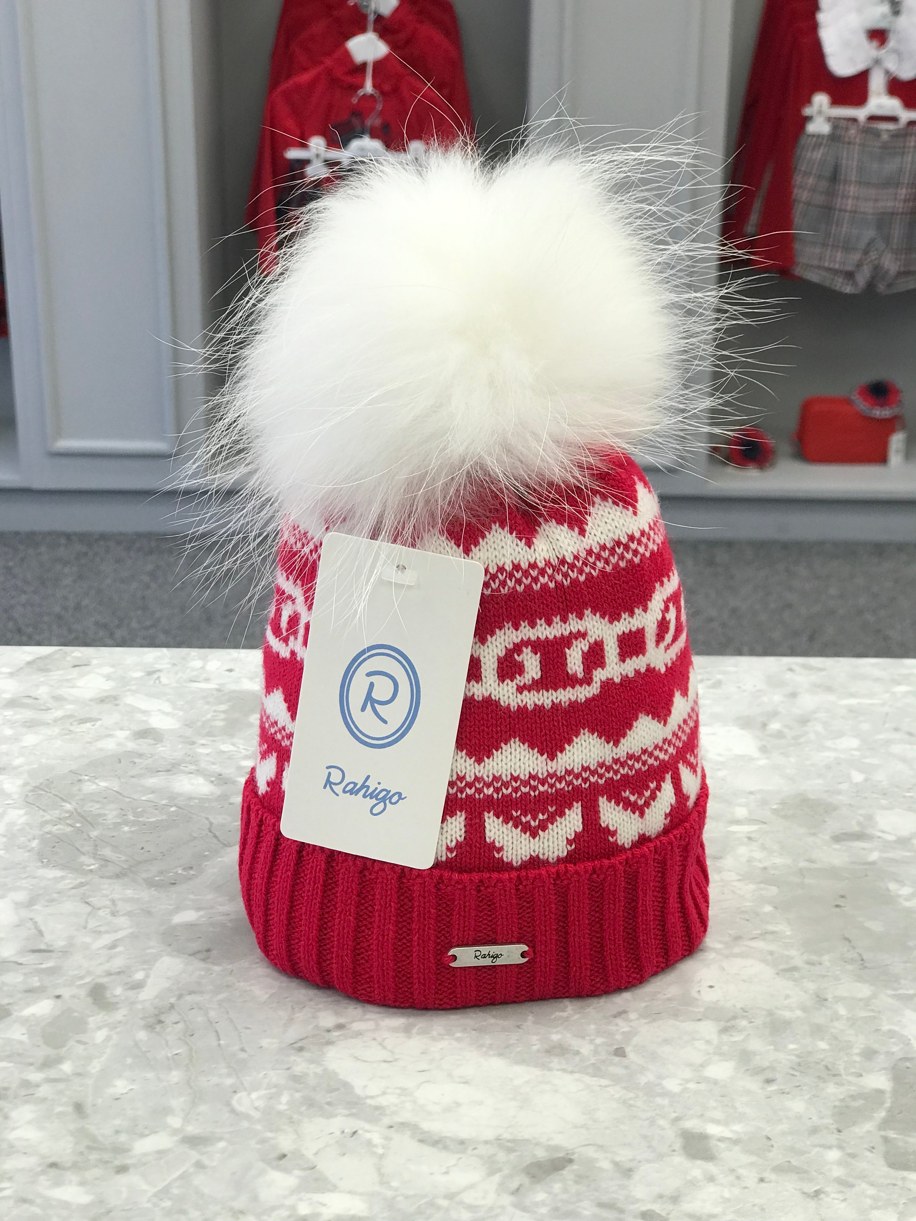 RAHIGO Red & Cream Pom Pom Hat - 232103