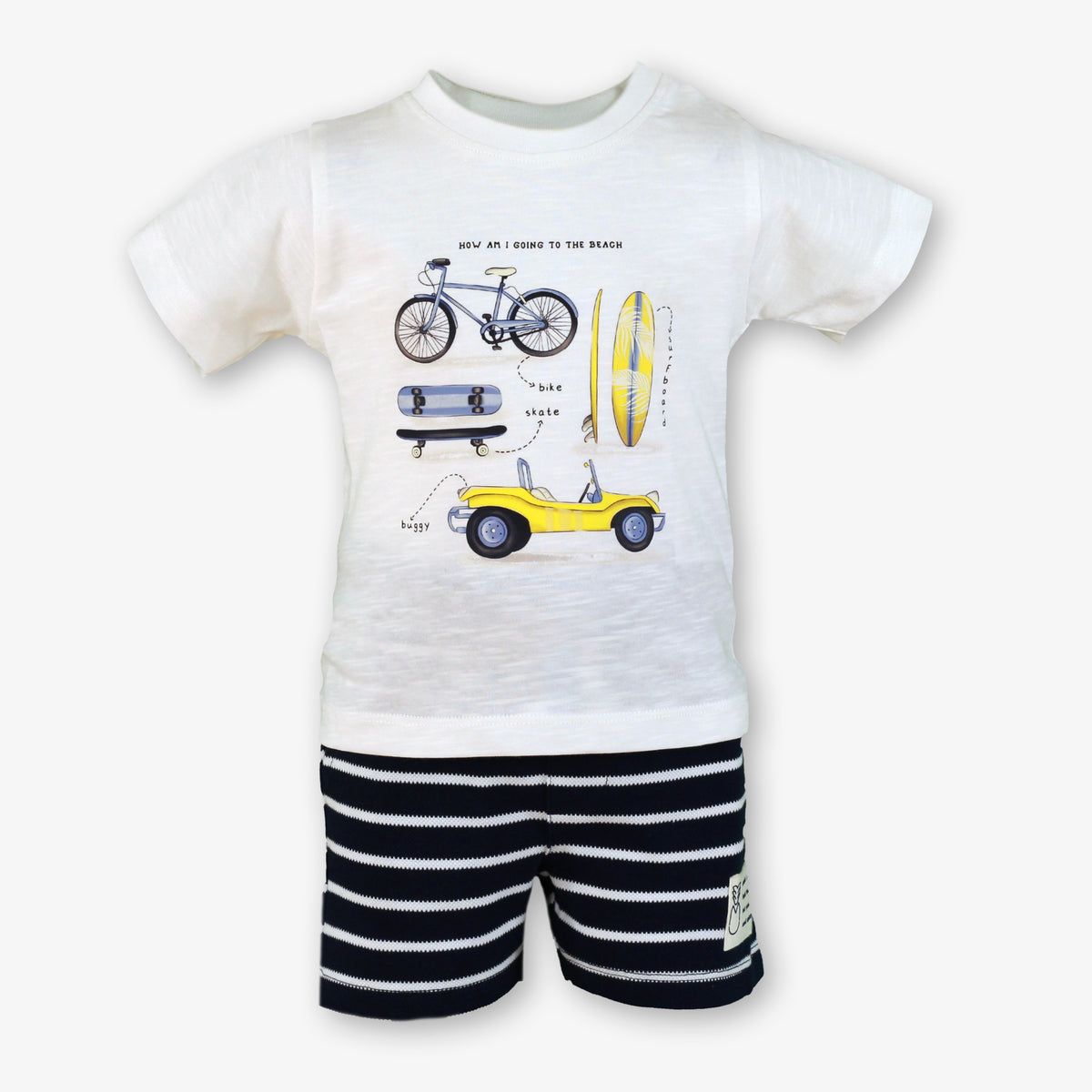 Miranda navy stripe boys short set with white beach graphic T-shirt and navy striped shorts, front view