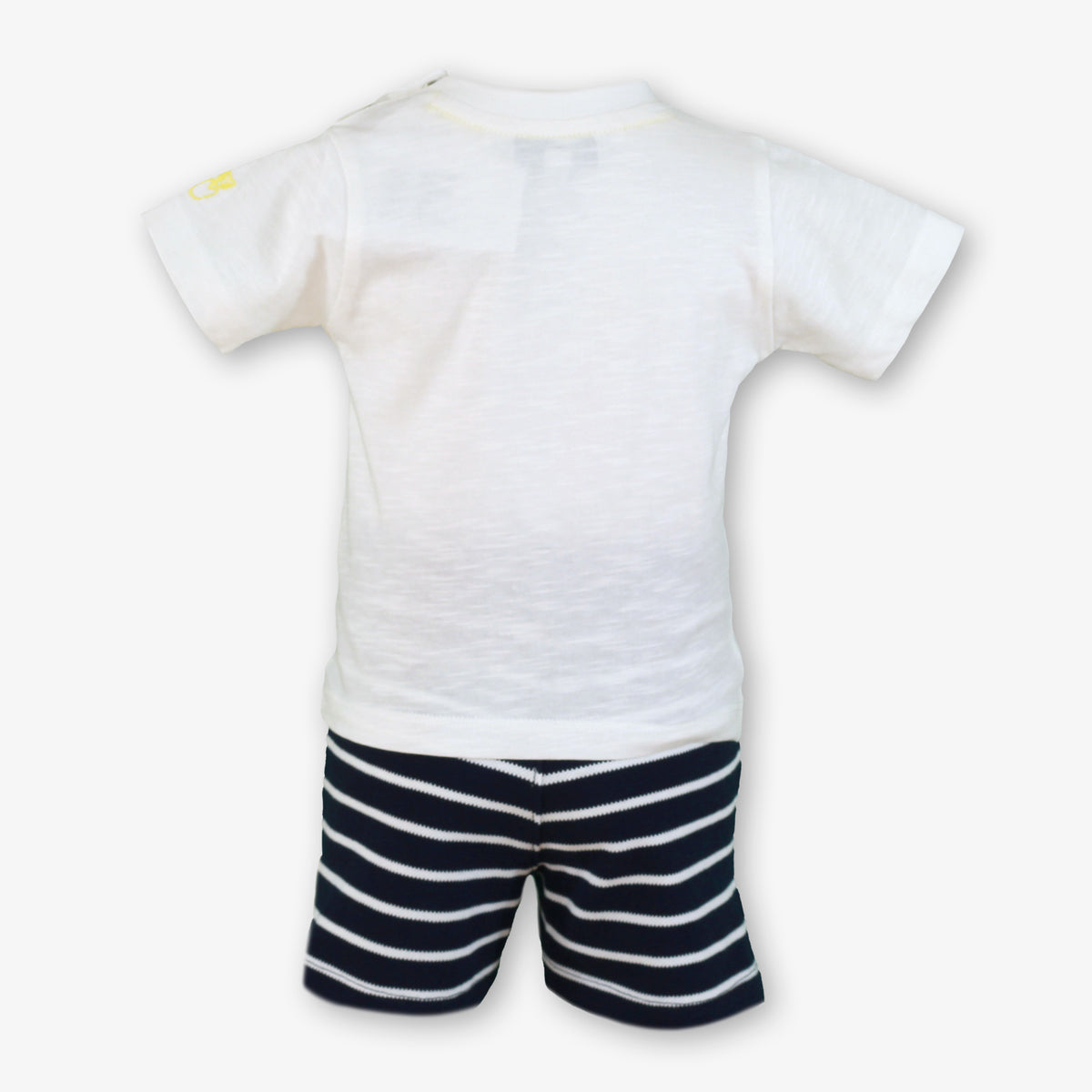Miranda navy stripe boys short set with white beach graphic T-shirt and navy striped shorts, back view