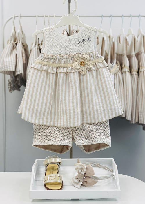 BASMARTI Rayas Girls Beige Stripe Shorts Set - 26153