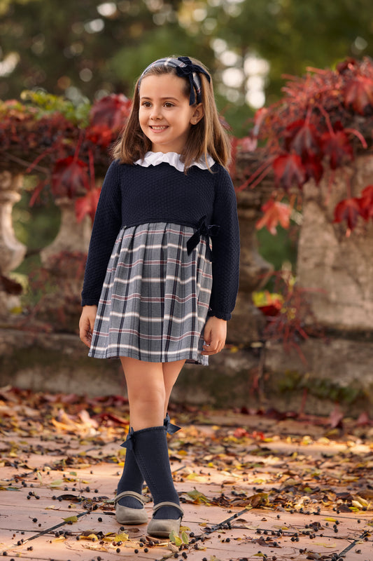 AW25 JULIANA Armonia Girls Navy & Red Check Dress - 25653