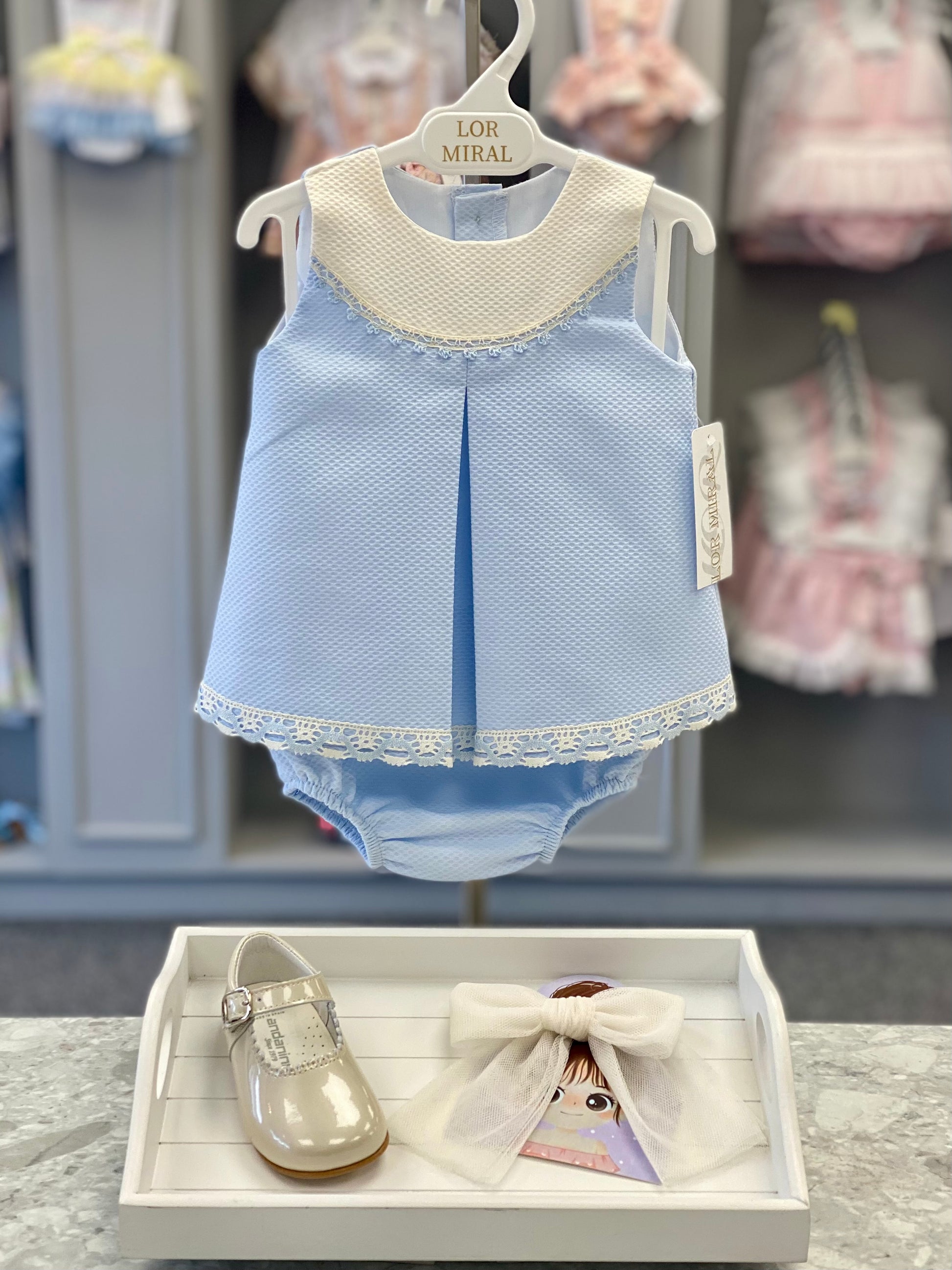 LOR MIRAL Cosmos Baby Girls Blue & Cream Dress & Knickers - 41019