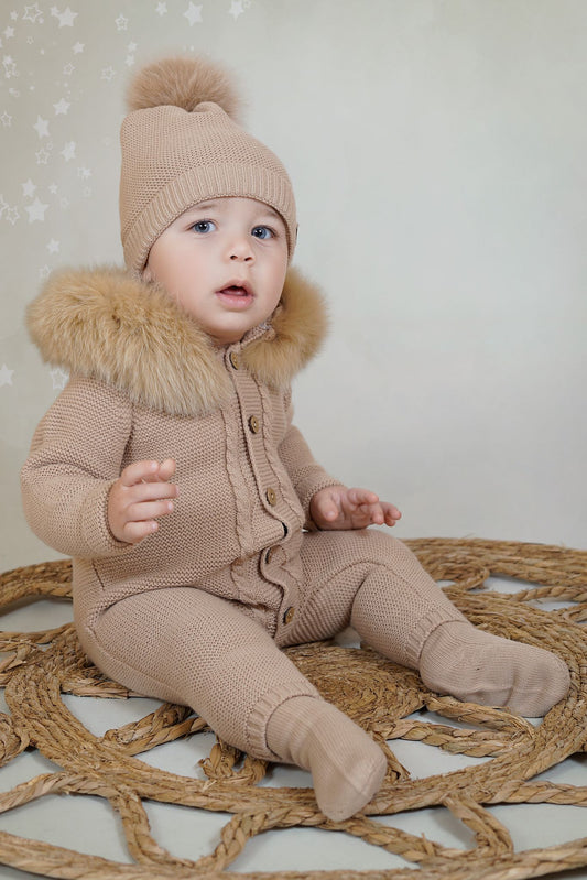 PRE ORDER AW25 RAHIGO Camel Knitted Pram Suit with Fur Hood - 252135