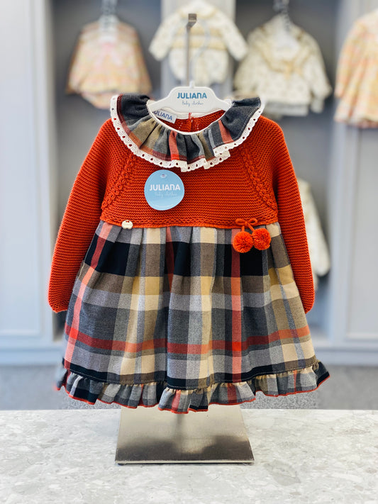 JULIANA AW24 Lucero Girls Rust Check Knitted Dress - CLEARANCE SALE