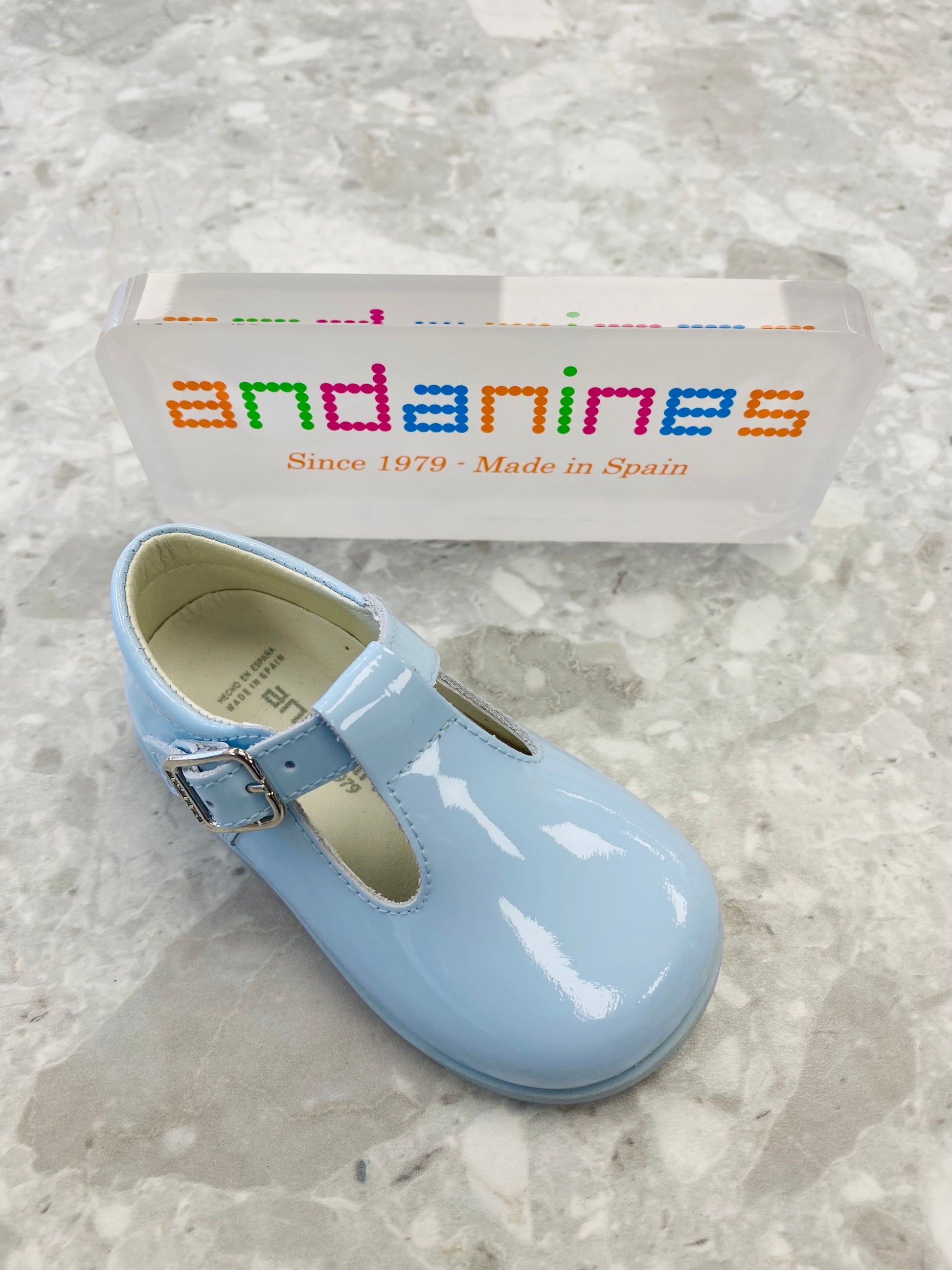 ANDANINES Blue Boys Patent Leather T-Bar Shoes 191862 – Niños Y